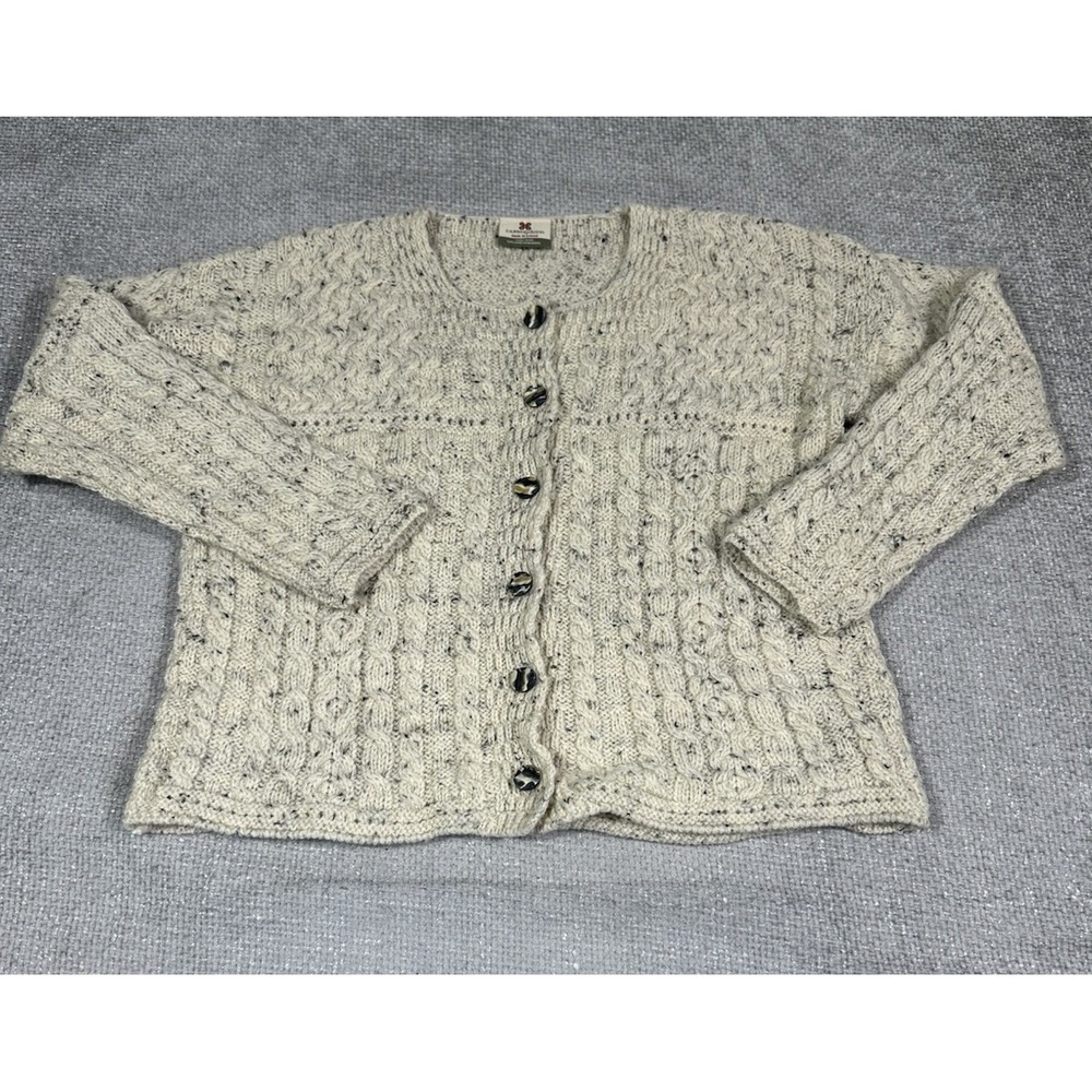 Carraig Donn Cardigan Womens M Beige Pure New Wool Cable Knit Ireland‎ Fisherman